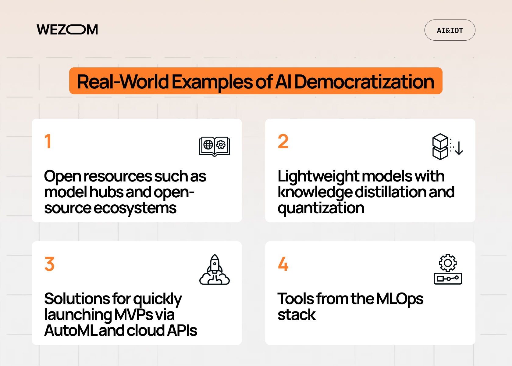 Real-world examples of AI democratization showing open-source resources, lightweight models, AutoML solutions, and MLOps tools for democratizing AI